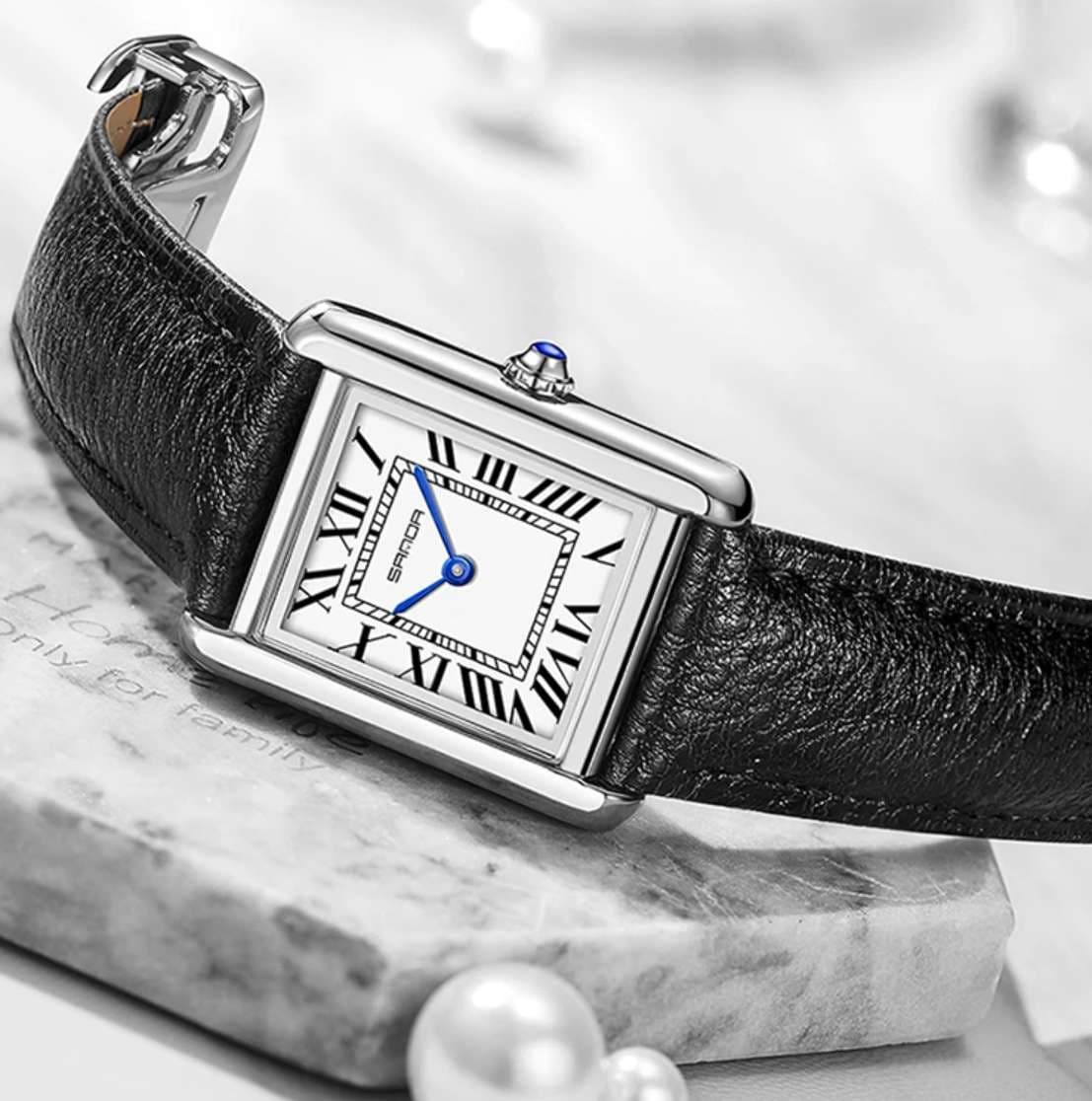 Men's Luxury Santos Tank Watch — Heritage Square Case, Blue Sword Hands, Roman Numeral Dial, 30M Waterproof, Genuine Leather Strap | 2 Classic Styles